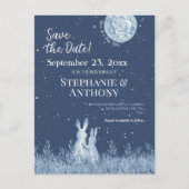 Whimsical Blauw Konijn Konijntje Maan Sterren Brui Aankondigingskaart (Voorkant)