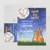 Whimsical Blauw Konijntje Maan Sterren Bruiloft Aankondigingskaart (Voorkant / Achterkant)