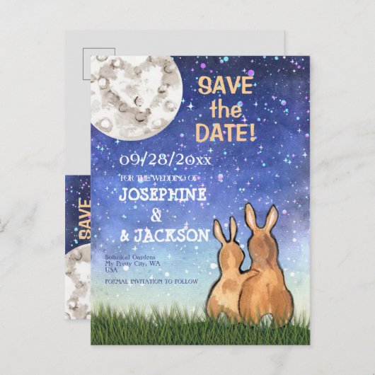 Whimsical Blauw Konijntje Maan Sterren Bruiloft Aankondigingskaart (Voorkant / Achterkant)