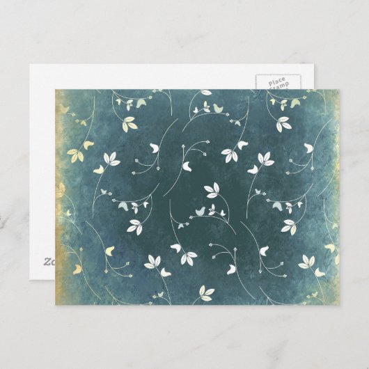 Whimsical Blauw Patroon met Vogels en Blad Briefkaart (Voorkant / Achterkant)