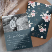 Whimsical Blauw Roze Bloemen Foto Bruiloft Kaart