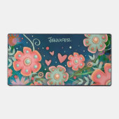 Whimsical Blauw Roze Bloemen Hart Gepersonaliseerd Bureaumat (Voorkant)
