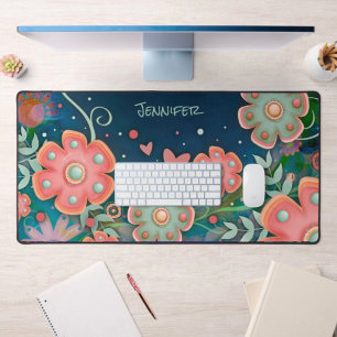 Whimsical Blauw Roze Bloemen Hart Gepersonaliseerd Bureaumat