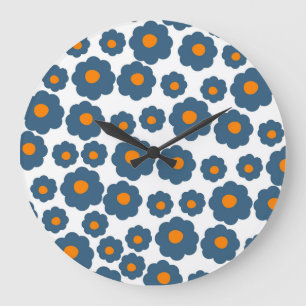Whimsical Blauw & Sinaasappel Bloemen Retro, Vroli Grote Klok