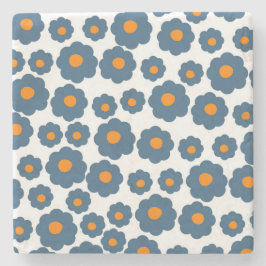 Whimsical Blauw & Sinaasappel Bloemen Retro, Vroli Stenen Onderzetter