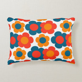 Whimsical Blauw & Sinaasappel Bloemen Retro Vrolij Accent Kussen
