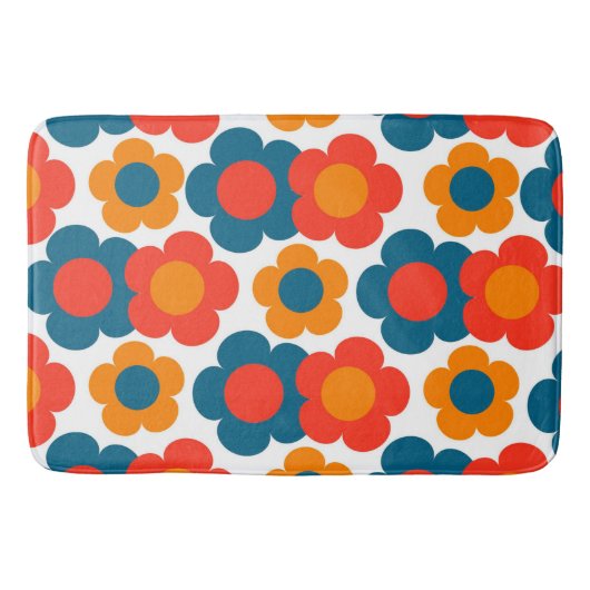 Whimsical Blauw & Sinaasappel Bloemen Retro Vrolij Badmat (Voorkant)
