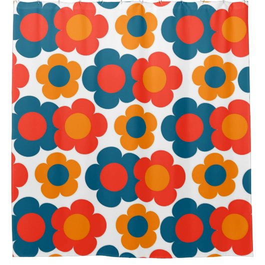 Whimsical Blauw & Sinaasappel Bloemen Retro Vrolij Douchegordijn (Voorkant)