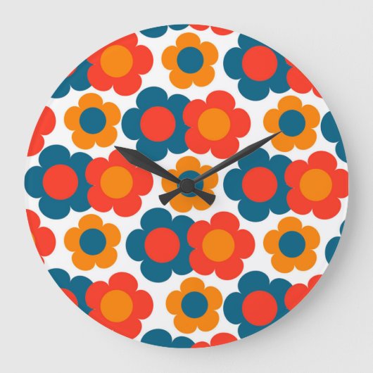Whimsical Blauw & Sinaasappel Bloemen Retro Vrolij Grote Klok (Voorkant)