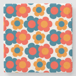 Whimsical Blauw & Sinaasappel Bloemen Retro Vrolij Stenen Onderzetter