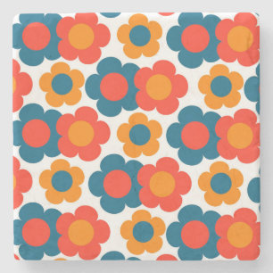 Whimsical Blauw & Sinaasappel Bloemen Retro Vrolij Stenen Onderzetter