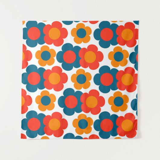 Whimsical Blauw & Sinaasappel Bloemen Retro Vrolij Wandkleed (Voorkant)