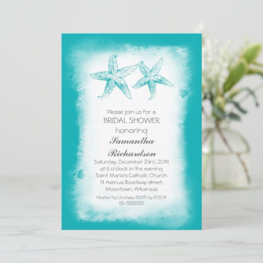 Whimsical blauw strand bruids douche uitnodigingen (Staand voorkant)