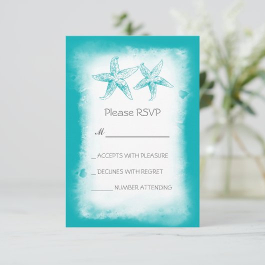 Whimsical blauw strand bruiloft RSVP kaarten (Staand voorkant)