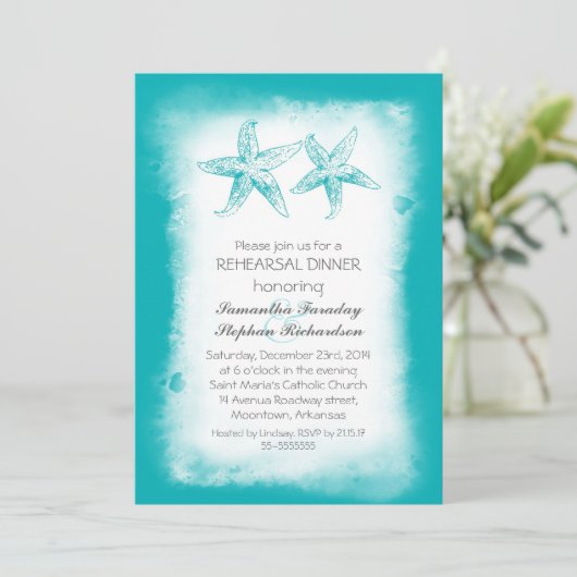 Whimsical blauw strand repetitie diner uitnodiging (Staand voorkant)