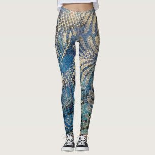 Whimsical Blauw & Wit Gelaagde Geschilderde Bladmu Leggings