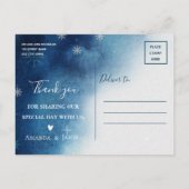 Whimsical Blauw Wit Sneeuwvlok Bruiloft Dank u Briefkaart (Achterkant)