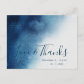 Whimsical Blauw Wit Sneeuwvlok Bruiloft Dank u Briefkaart (Voorkant)