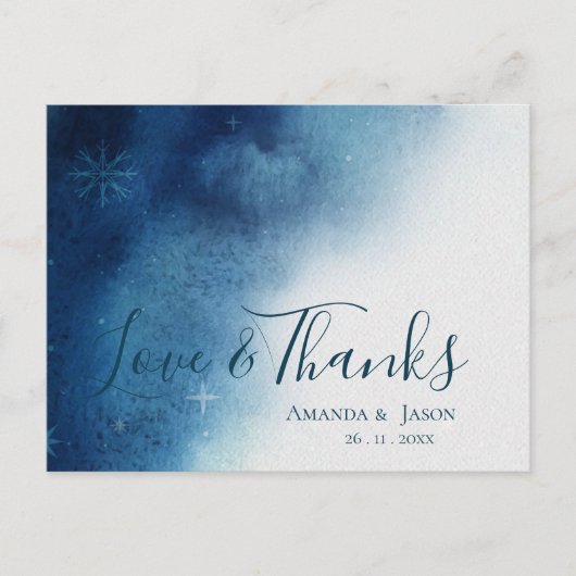 Whimsical Blauw Wit Sneeuwvlok Bruiloft Dank u Briefkaart (Voorkant)