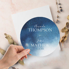 Whimsical Blauw Wit Sneeuwvlok Bruiloft Ronde Sticker