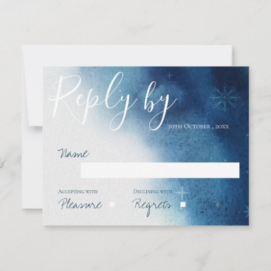 Whimsical Blauw Wit Sneeuwvlok Bruiloft RSVP Kaartje (Achterkant)