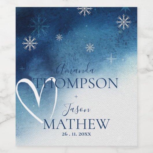 Whimsical Blauw Wit Sneeuwvlok Bruiloft Wijn Etiket (Enkel label)