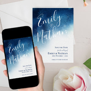 Whimsical Blauw Wit Sneeuwvlok Elegantie Bruiloft Save The Date