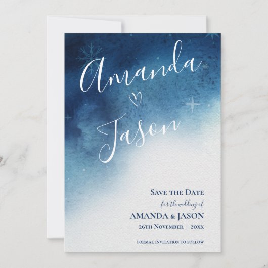 Whimsical Blauw Wit Sneeuwvlok Elegantie Bruiloft Save The Date (Voorkant)