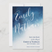 Whimsical Blauw Wit Sneeuwvlok Elegantie Bruiloft Save The Date (Voorkant)