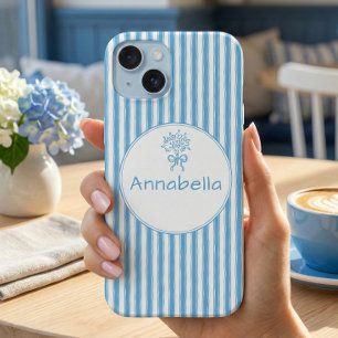 Whimsical Blauw Witte Streep Preppy Monogram iPhone 15 Case