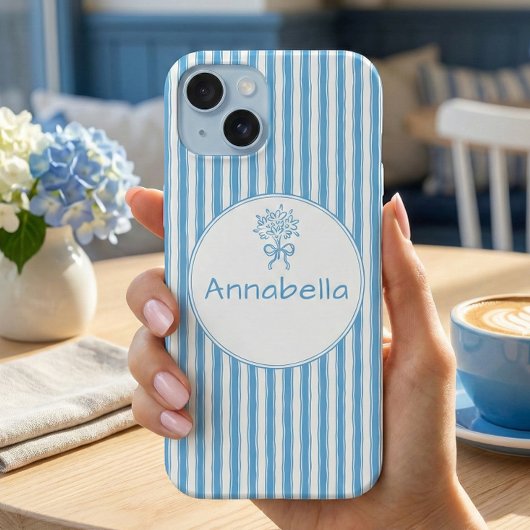 Whimsical Blauw Witte Streep Preppy Monogram iPhone 15 Case