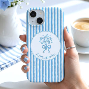 Whimsical Blauw Witte Streep Preppy Monogram iPhone 15 Case