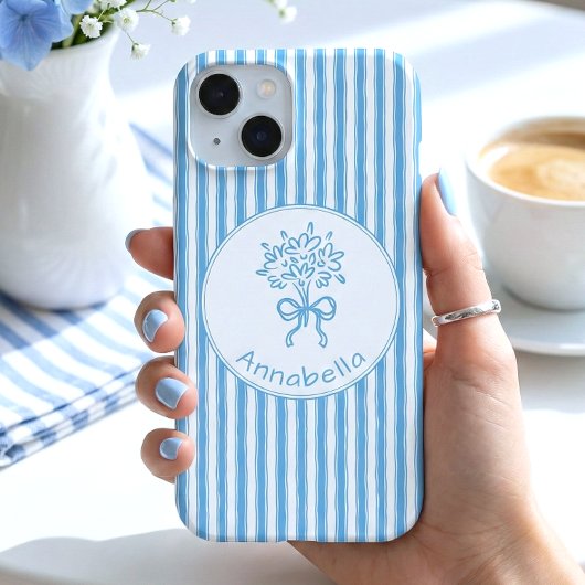 Whimsical Blauw Witte Streep Preppy Monogram iPhone 15 Case