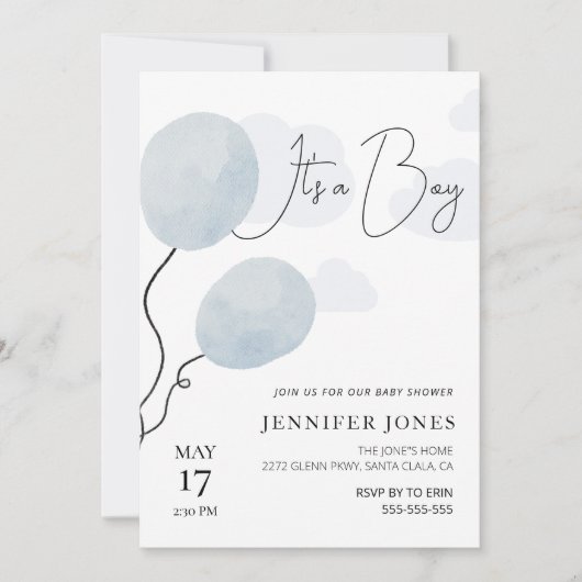 Whimsical blauwe ballon het is een jongen kaart (Voorkant)