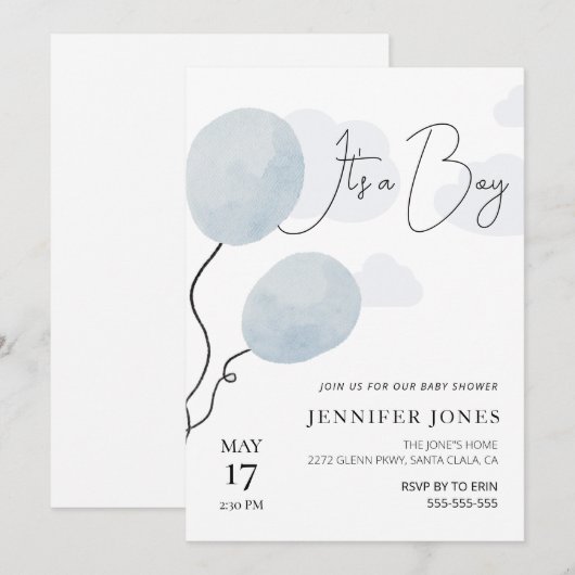 Whimsical blauwe ballon het is een jongen kaart (Voorkant / Achterkant)