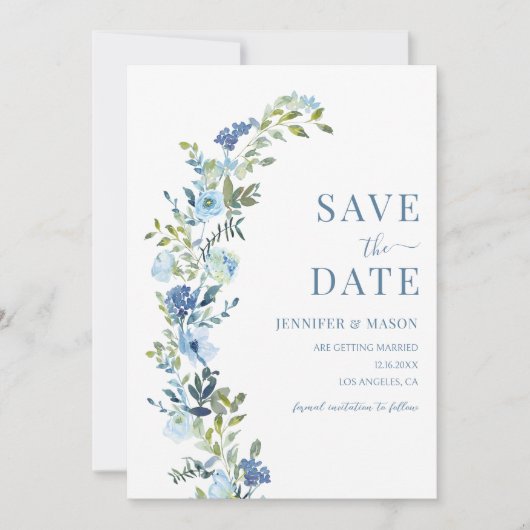 Whimsical Blauwe Bloemkrans Save The Date Kaart (Voorkant)