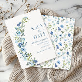 Whimsical Blauwe Bloemkrans Save The Date Kaart