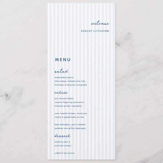 Whimsical Blauwe Bruiloft Plaats Kaart Menu (Voorkant)