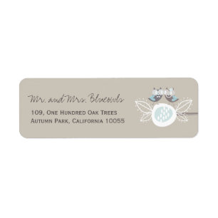 Whimsical blauwe bruiloft uilen op boom tak adres etiket