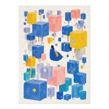 Whimsical Blauwe Gele Waterverf Dromer Kubussen Ab