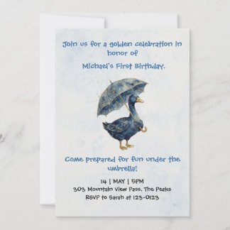Whimsical Blauwe Gouden Gans Eerste Verjaardag Kaart