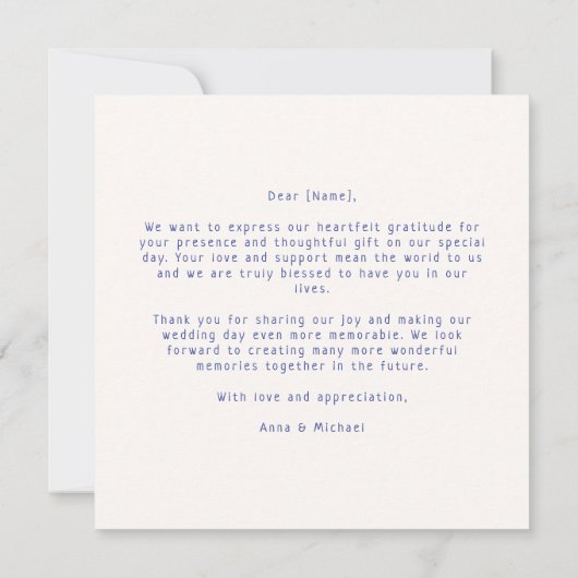 Whimsical, blauwe hand getrokken bruiloft bedankka bedankkaart (Achterkant)