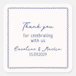 Whimsical, blauwe hand getrokken bruiloft bedankt vierkante sticker