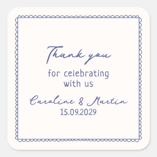Whimsical, blauwe hand getrokken bruiloft bedankt vierkante sticker (Voorkant)