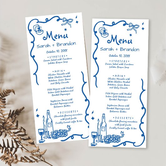 Whimsical Blauwe Hand Getrokken Bruiloft Menu