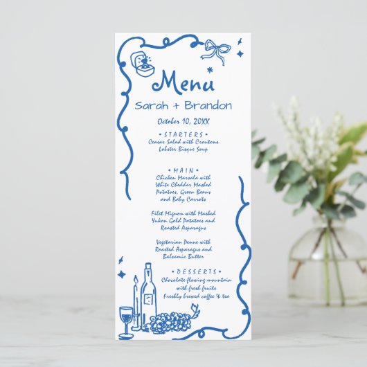 Whimsical Blauwe Hand Getrokken Bruiloft Menu (Staand voorkant)
