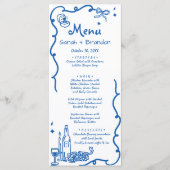 Whimsical Blauwe Hand Getrokken Bruiloft Menu (Voorkant)