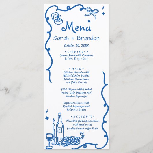 Whimsical Blauwe Hand Getrokken Bruiloft Menu (Voorkant)