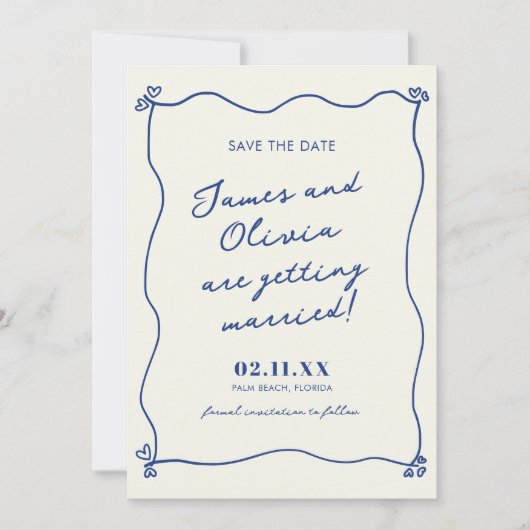 Whimsical Blauwe Hand Getrokken Bruiloft Save The Date (Voorkant)