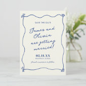 Whimsical Blauwe Hand Getrokken Bruiloft Save The Date (Staand voorkant)
